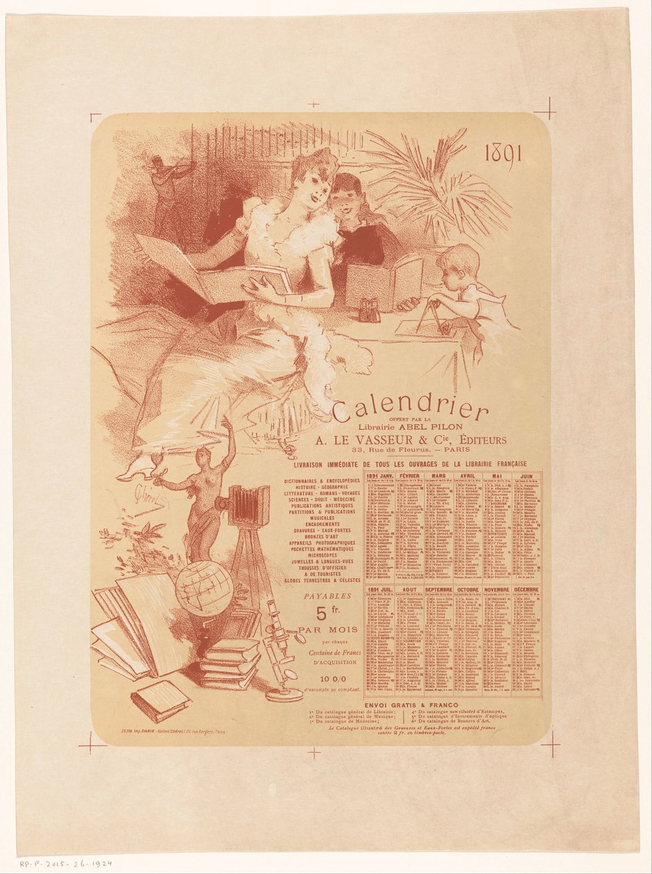 Bokhandeln Abel Pilons och förläggaren A. Le Vasseur & Cies kalender för år 1891 av Jules Cheret