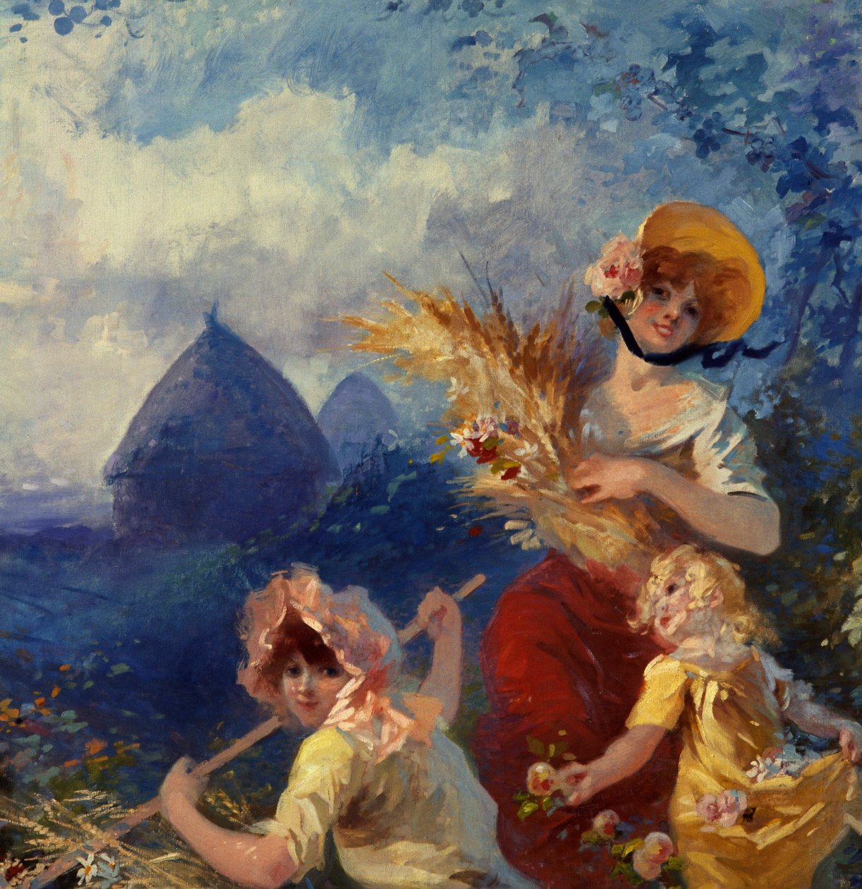 La Terre Allegorie som representerar unga kvinnor som håller vetestövlar mot en bakgrund av skörd. Detalj. Kartong för gobeläng av Jules Cheret (1836-1932) 1900-talet Nice, Musee Cheret av Jules Cheret