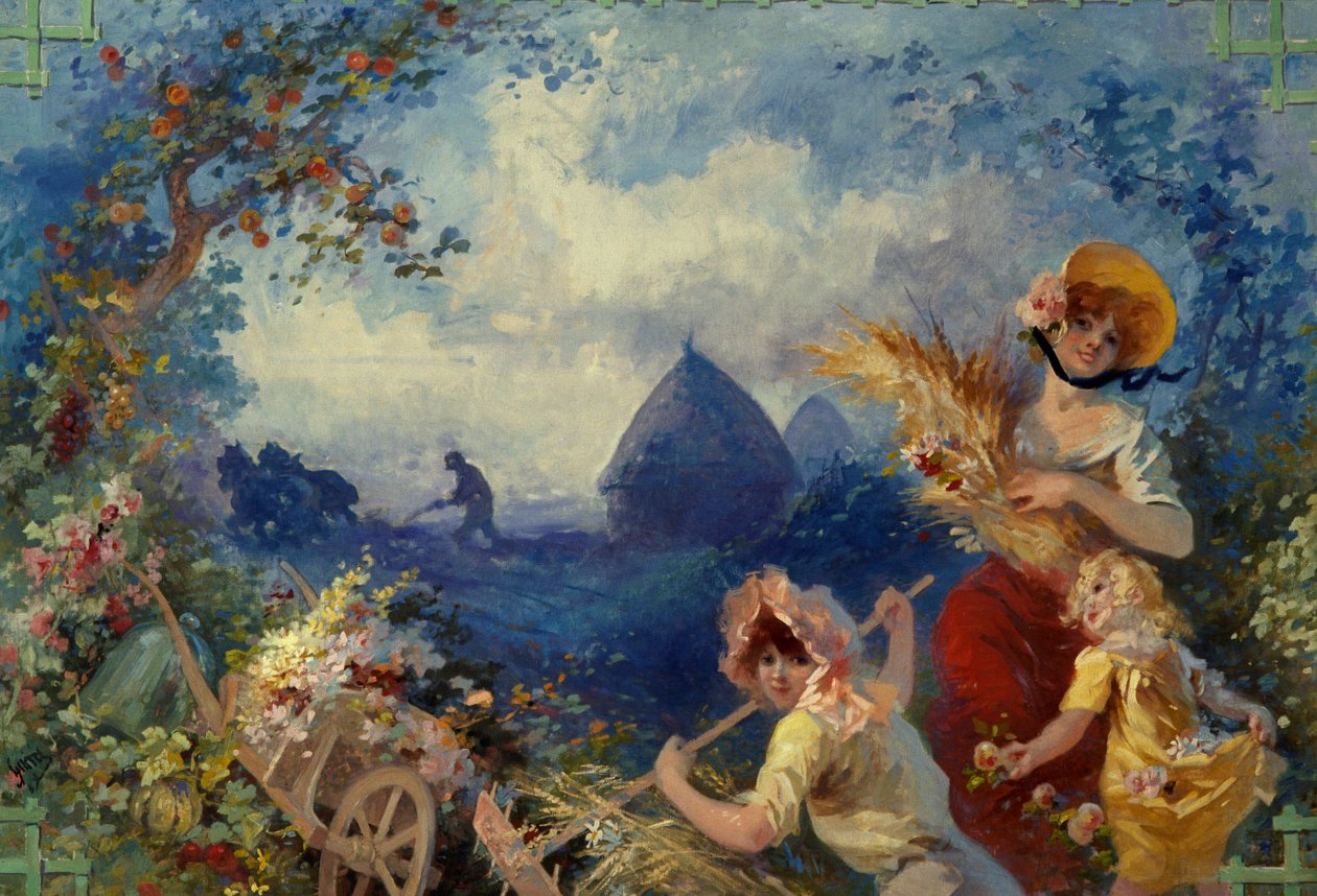 La Terre Allegorie som representerar unga kvinnor som håller vetestövlar mot en bakgrund av skörd. Kartong för gobeläng av Jules Cheret (1836-1932) 1900-talets Nice, Musee Cheret av Jules Cheret