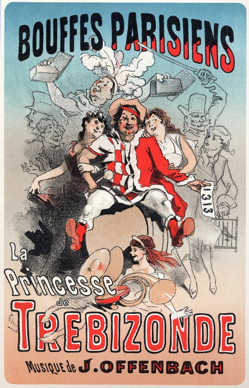 Musik. Prinsessan av Trebizonde, operett av Jacques Offenbach. Affisch av Jules Cheret för den första utställningen av Bouffes Parisiens, Paris, Frankrike av Jules Cheret