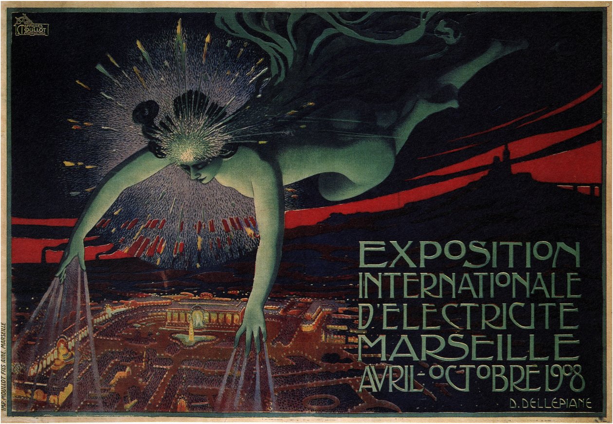 Affisch gjord för den internationella utställningen av elektricitet 1908 av Jules Cheret