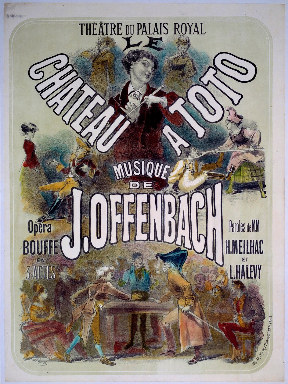 Affisch för "Le chateau a Toto" med musik av Jacques Offenbach (1819-1880) på Theatre du Palais Royal, illustration av Jules Cheret (1836-1932) 1868. av Jules Cheret