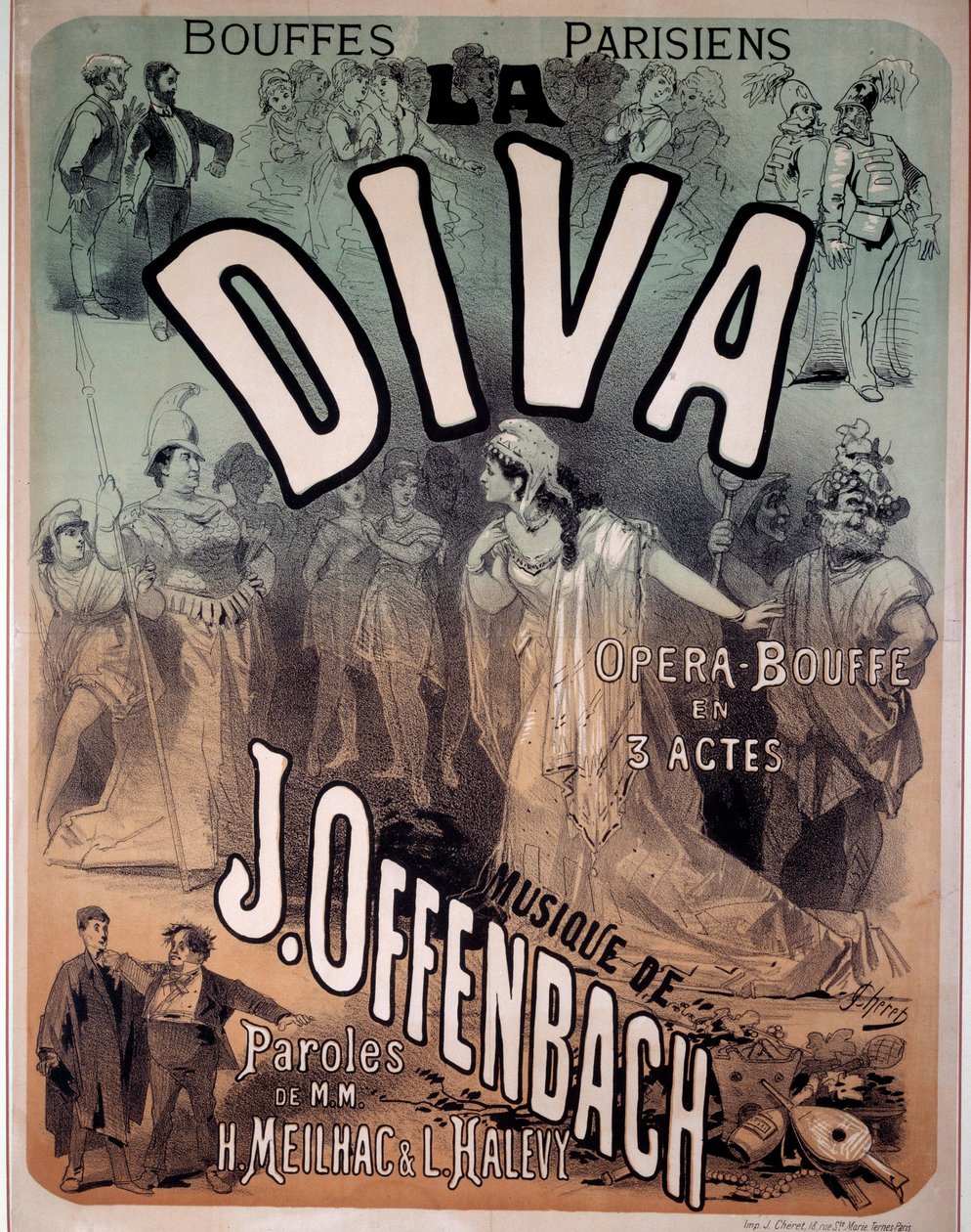 Affisch för operetten "Diva" satt till musik av Jacques Offenbach (1819-1880) på Parisian Bouffes av Jules Cheret