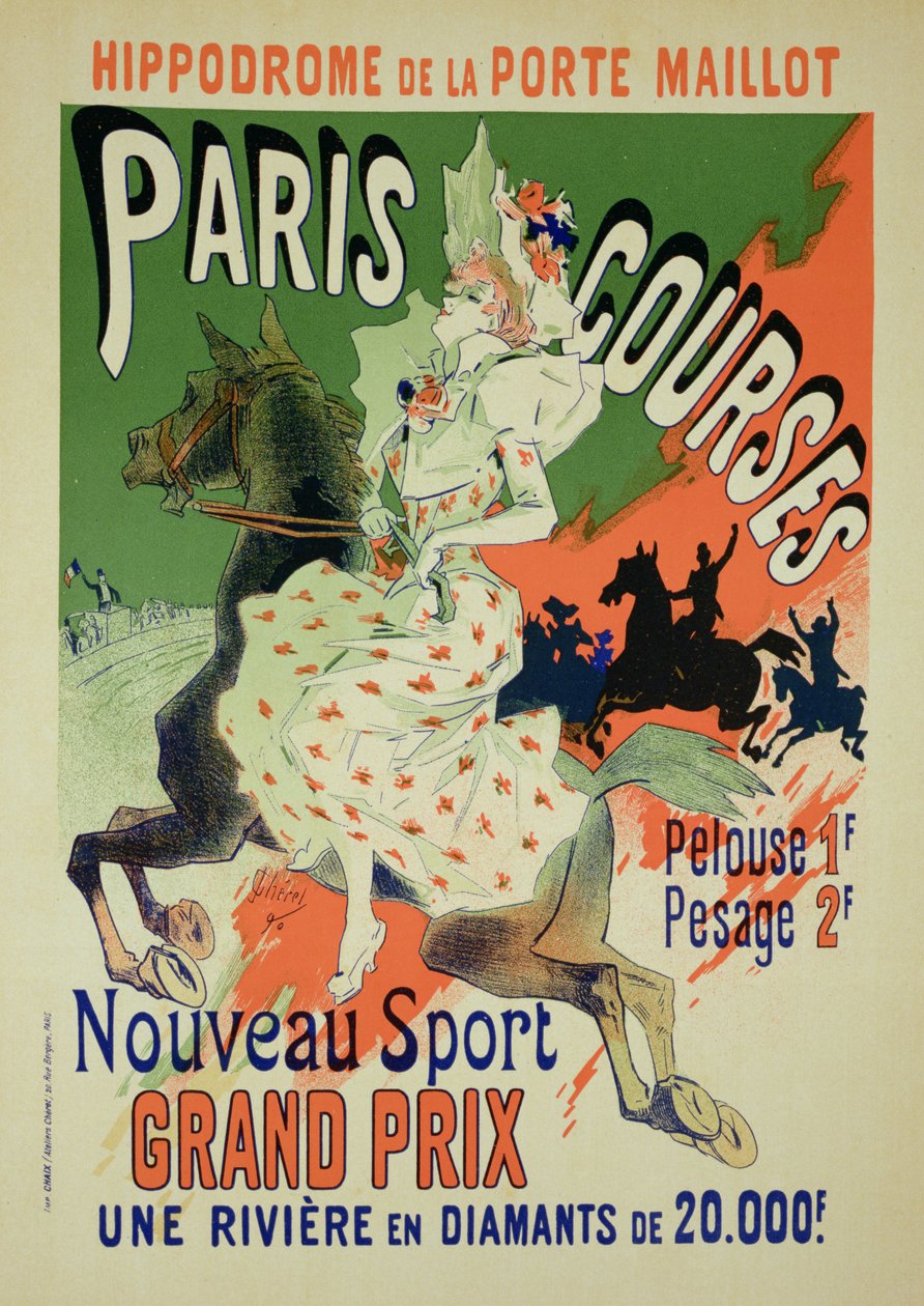 Reproduktion av en affisch som annonserar "Pariskurser", vid Hippodrome de la Porte Maillot, Paris, 1890 av Jules Cheret