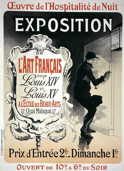 Reproduktion av en affisch som annonserar en "Utställning av fransk konst under Ludvig XIV och XV:s regering" på Ecole des Beaux-Arts, Paris av Jules Cheret