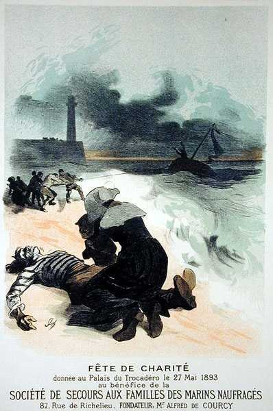 Reproduktion av en affisch som annonserar "Charity Fee", till förmån för The Society for the Safety of Families of Shipwrecked Marines, på Trocadero Palace av Jules Cheret