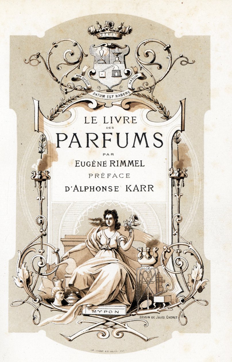Titelsida med ett vapen och en kvinna som håller en ros, sittande på en trone - Illustration av Jules Cheret (1836-1932) från Le Livre des Parfums av Eugene Rimmel (1820-1887), Frankrike av Jules Cheret