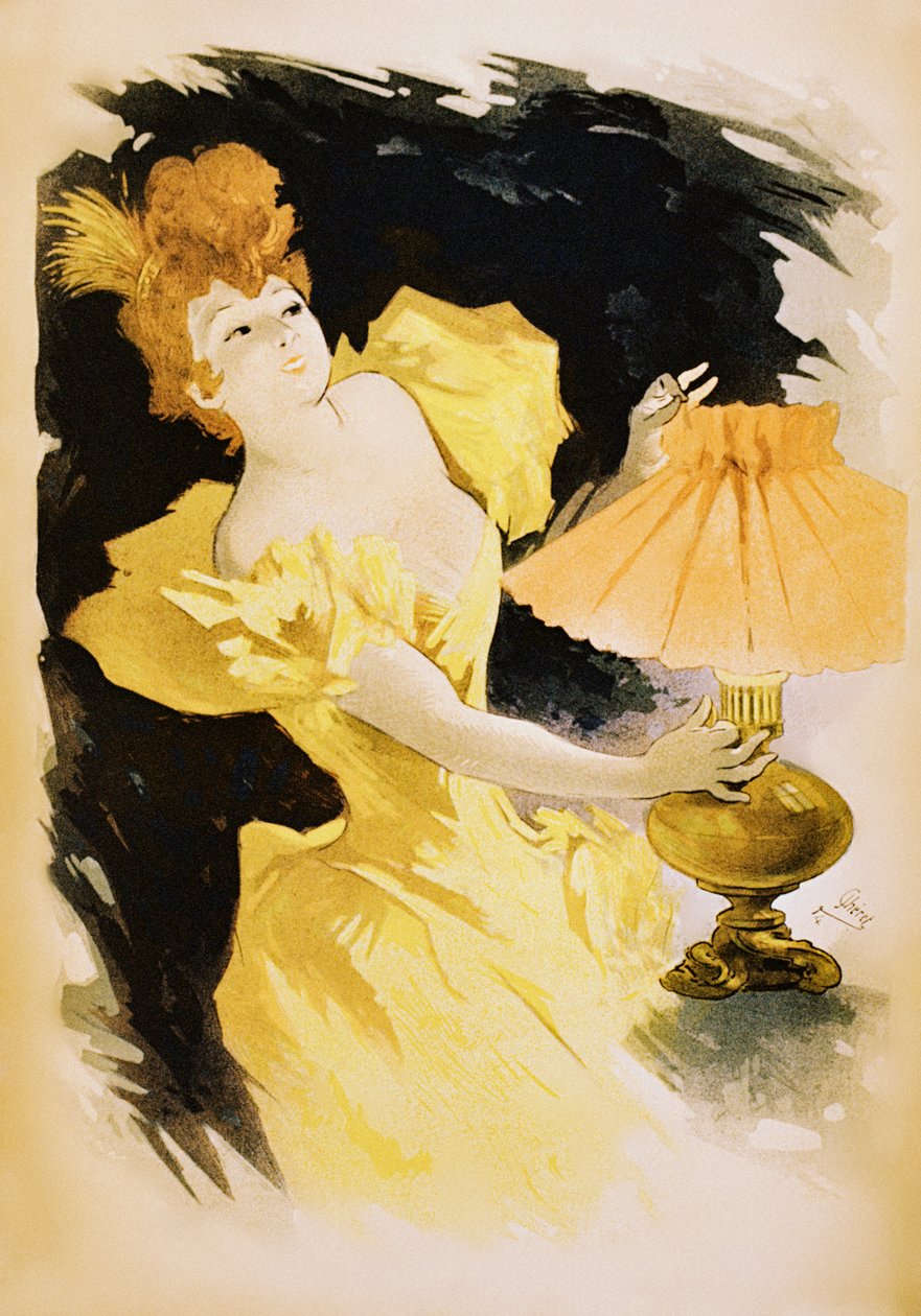 Vintage affisch av elegant kvinna som tänder gaslampa av Jules Cheret
