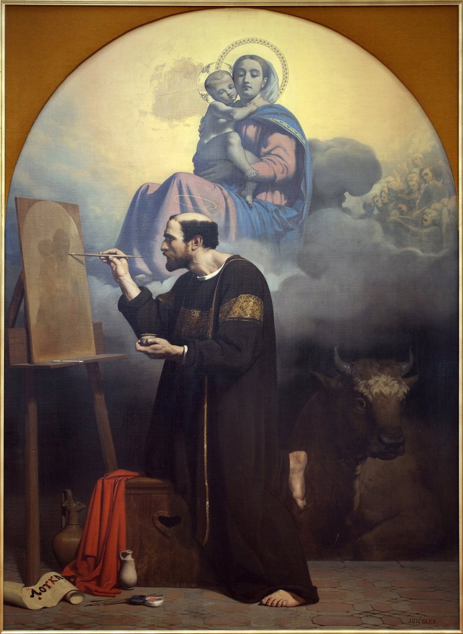 Saint Luke målar Jungfrun. Vision av Saint Luke. Målning av Jules Claude Ziegler (1804-1856), olja på duk av Jules Claude Ziegler