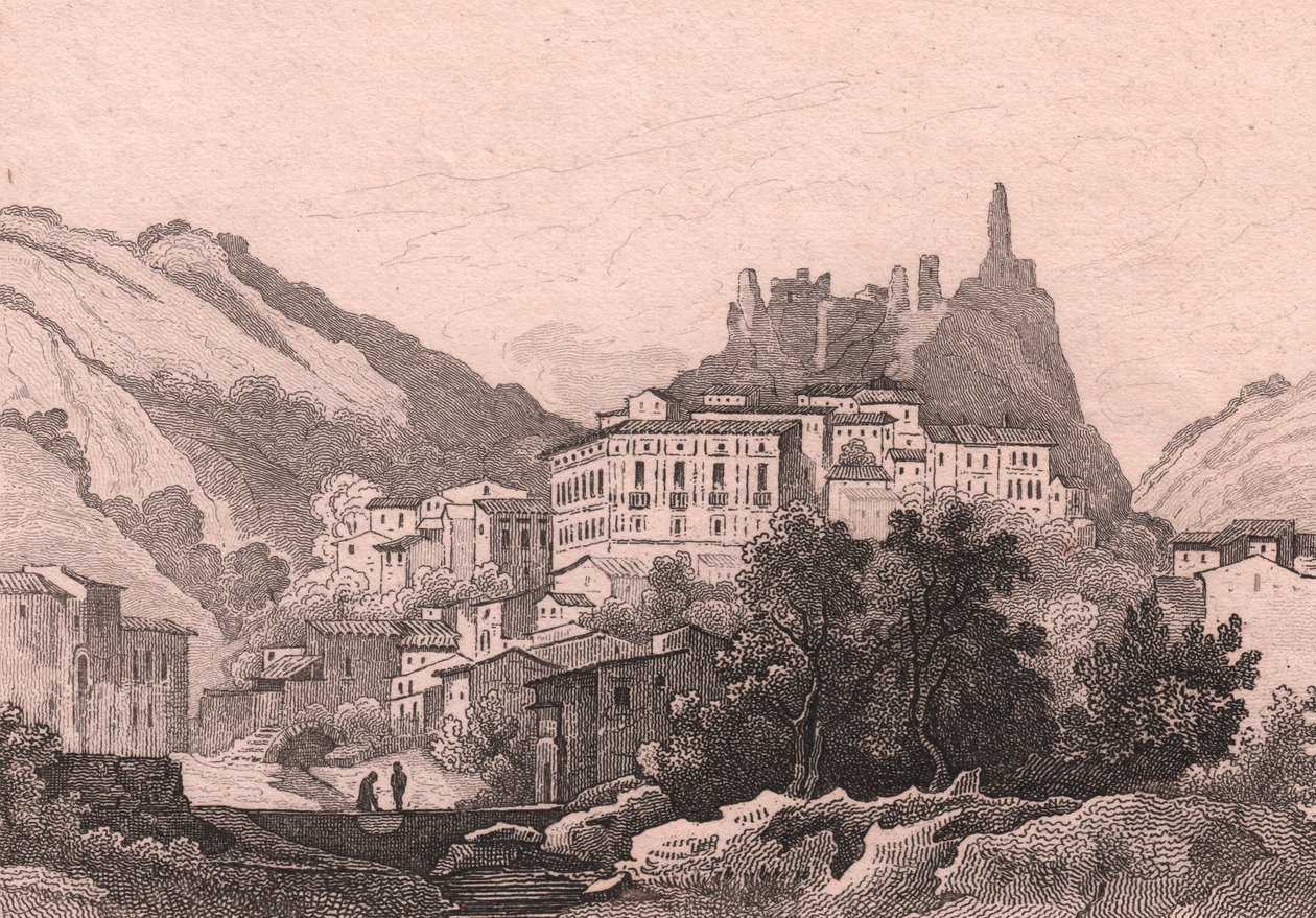Vy över Nicastro, Kalabrien, Italien, stålstick av Dunaime efter teckning av Jules Coignet (1798-1860), ca 13x10 cm av Jules Coignet