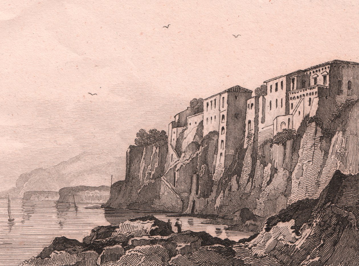 Vy över Sorrento med Torquato Tassos hus, Kampanien, Italien, stålstick av Sauvage efter teckning av Jules Coignet (1798-1860), ca 13x10 cm av Jules Coignet