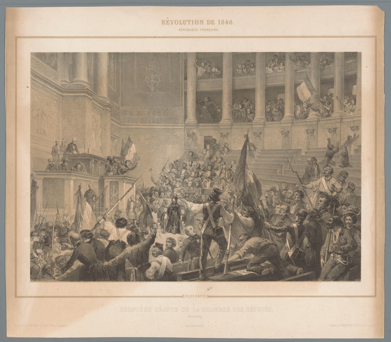 Parisupprorsmän stör kammarens möte Dernière séance de la chambre des députés (titel på objekt) Scener från februarirevolutionen 1848 (serietitel) Revolution de 1848 (serietitel på objekt) av Jules  David