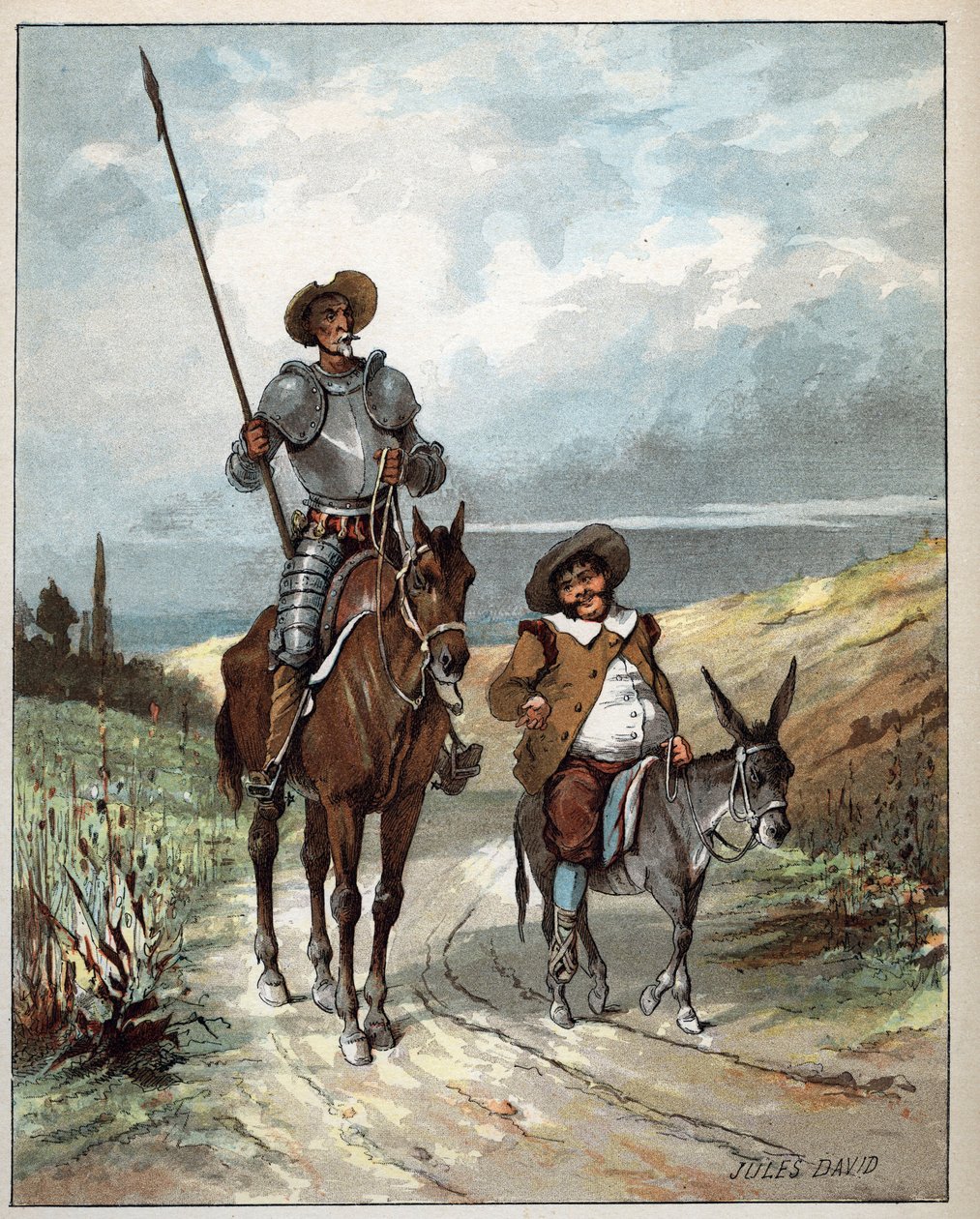Don Quijote och Sancho Panza - Illustration av Jules David (1808-1892) från Histoire de Don Quixote (Don Quijote) - 1887 - av Miguel de Cervantes Saavedra (1547-1616) - av Jules David