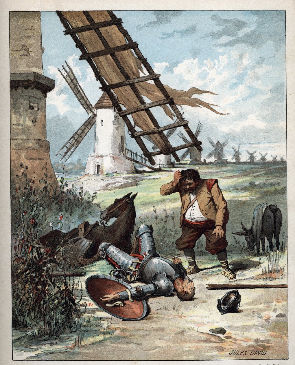 Don Quijote och väderkvarnarna - Illustration av Jules David (1808-1892) från Histoire de Don Quixote (Don Quijote) - 1887 - av Miguel de Cervantes Saavedra (1547-1616) - av Jules David