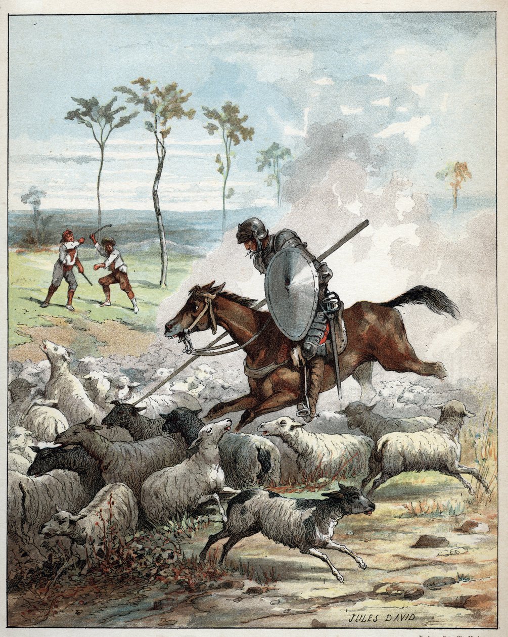 Don Quijote dödar får och trodde att de var riddare - Don Quijote på sin häst genomborrar fåren han tar för riddare - Illustration av Jules David (1808-1892) från Histoire de Don Quijote (Don Quijote) - 1887 - av Miguel de Cervantes Saavedra (1547) -1616) av Jules David