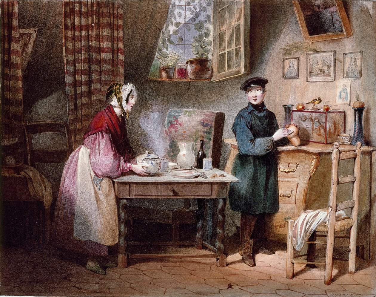 Ekonomi. Ungt par i ett hus: kvinnan lägger en klunk på bordet och mannen lägger ett mynt i en spargris. Färgstick av Jules David (1800-talet) Paris, Musee Carnavalet av Jules David