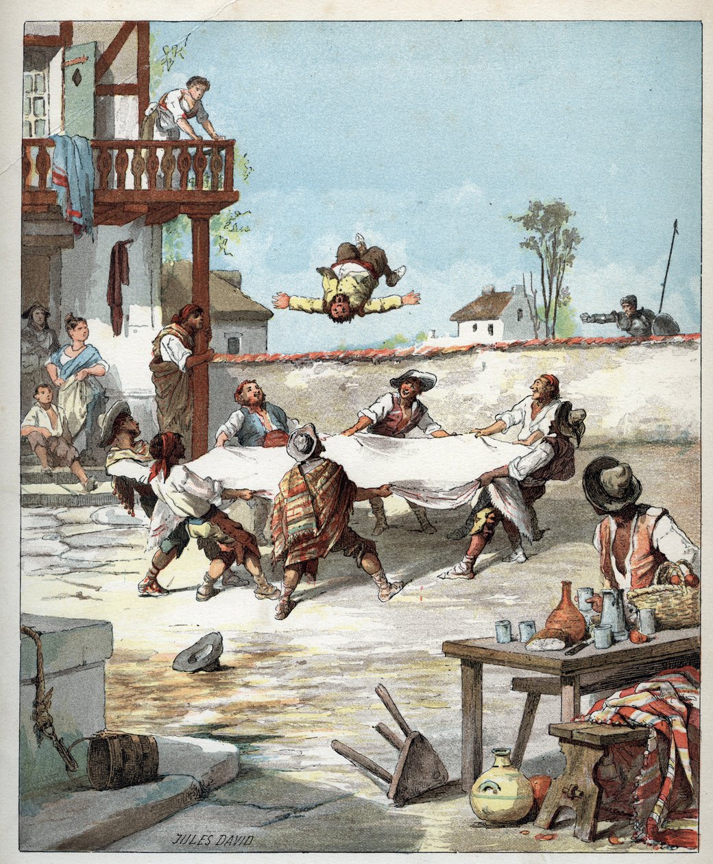 I Värdshuset Sancho Panza är manhandlad, han kallar sin herres Don Quijote för att hjälpa honom - På hotellet gör des gaillards voltiger Sancho Panza med en filt, Sancho ringer för att hjälpa sin herre Don Quijote - Illustration av Jules David (1808-1892)  av Jules David