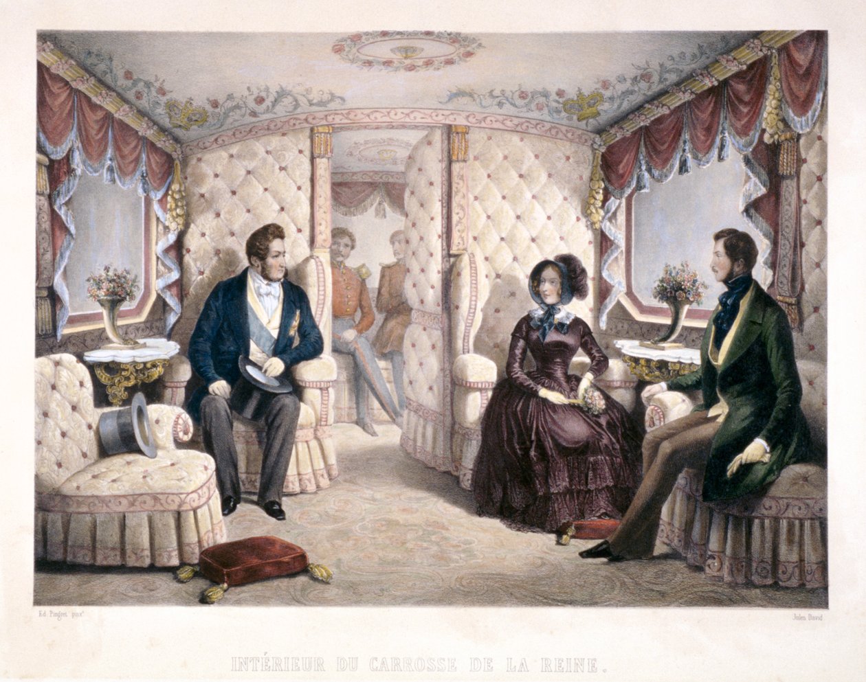 Kung Louis Philippe, drottning Victoria och prins Albert i den kungliga vagnen, 1846. av Jules David