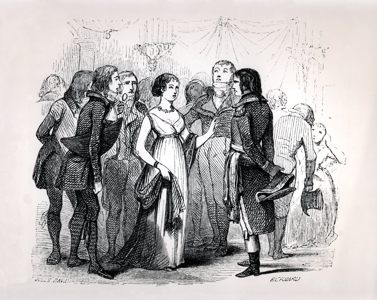 Madame de Stael (1766-1817) frågar Napoleon Bonaparte (1769-1821) om de bästa kvinnorna, ur "Napoleon" av Emile Marco de Saint-Hilaire, graverad av Bernard, Paris 1843. av Jules David