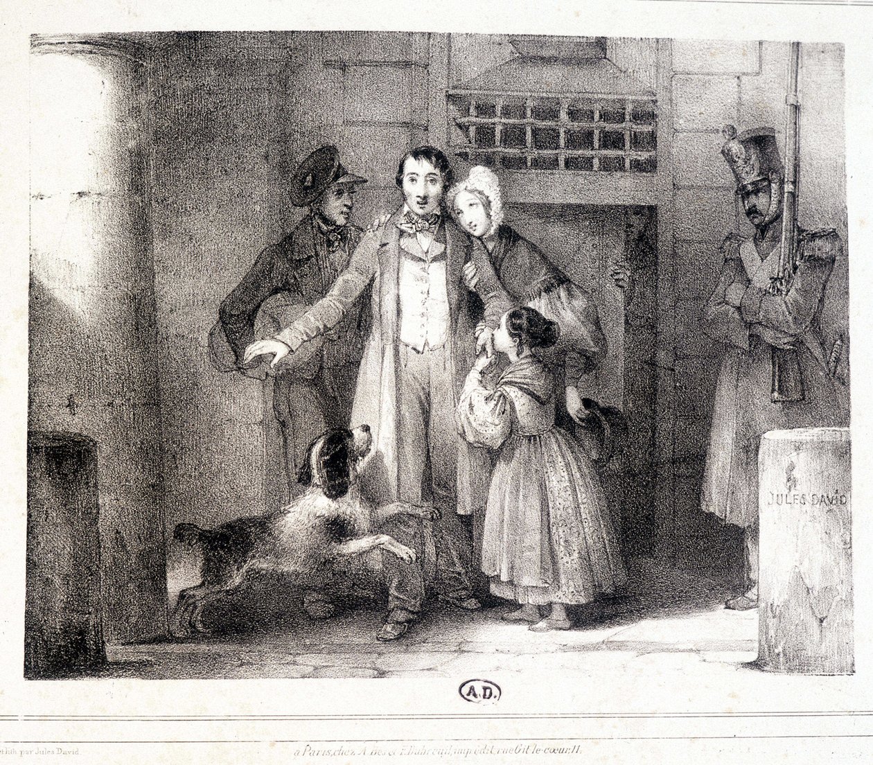 Man lämnar fängelset och återförenas med sin familj, c. 1830. av Jules David