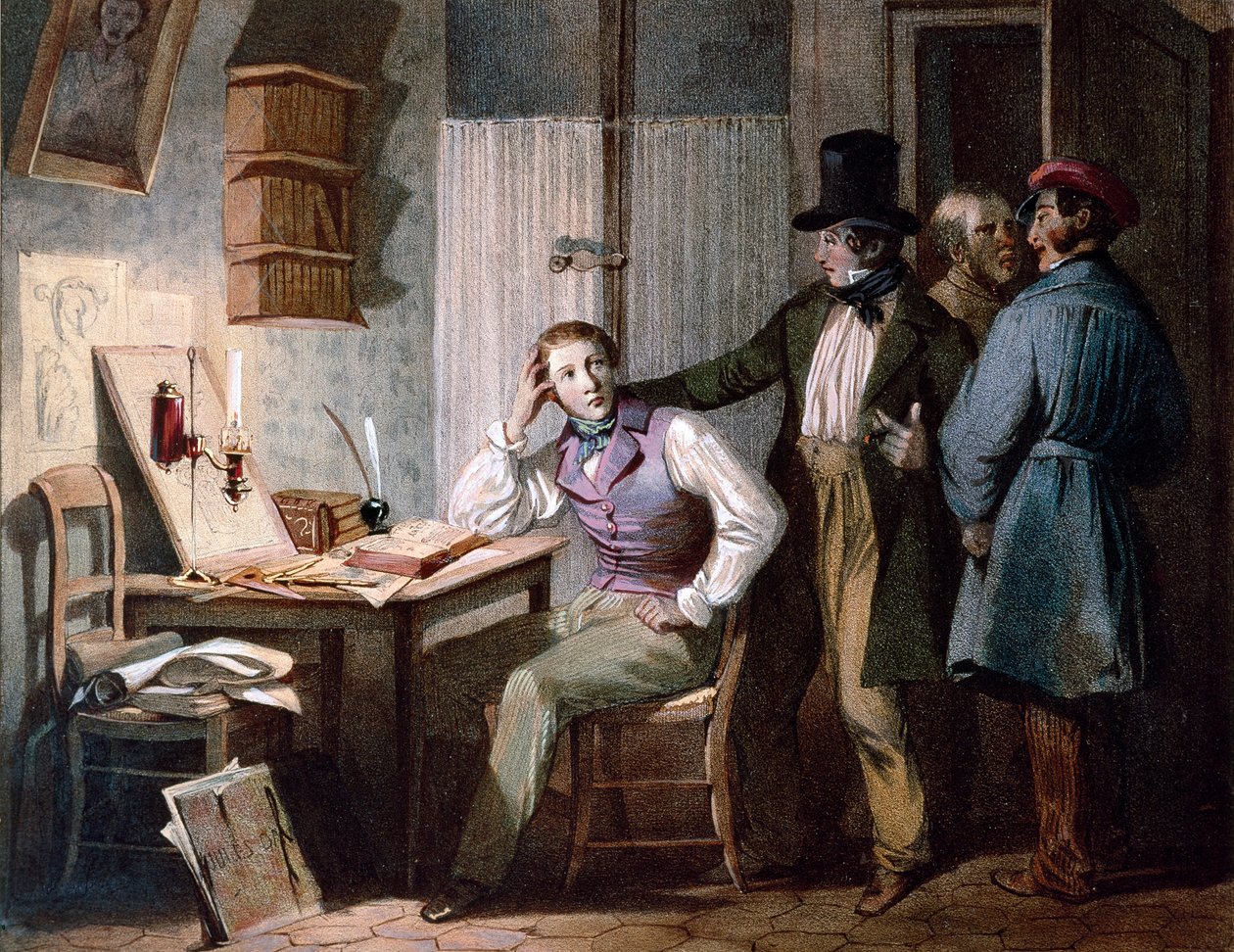 Studie. En flitig student på sitt kontor stannar på jobbet medan hans vänner går ut. Färgstick av Jules David (1800-talet). Paris, Musée Carnavalet av Jules David