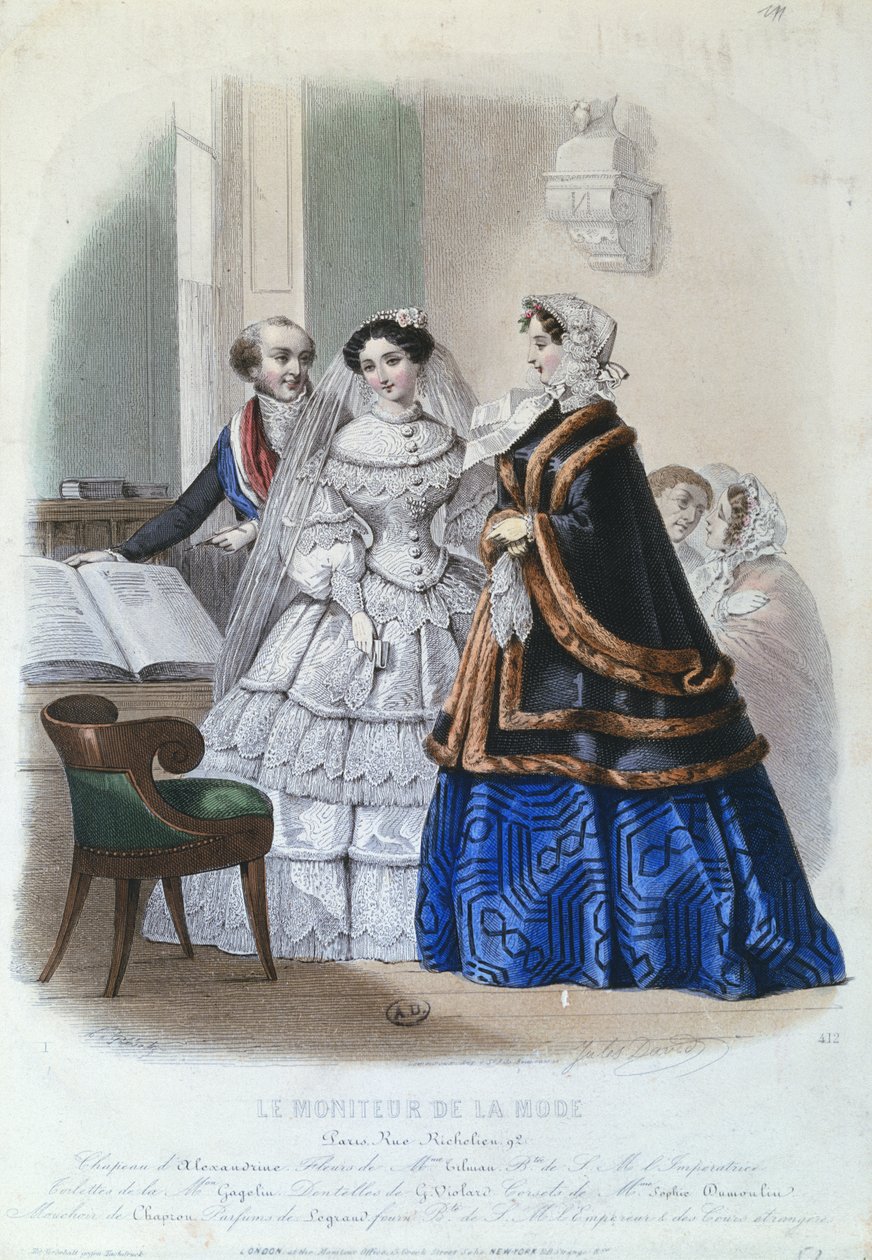 Bröllopsklänning, modetallrik från Le Moniteur de la Mode, 1854 av Jules David