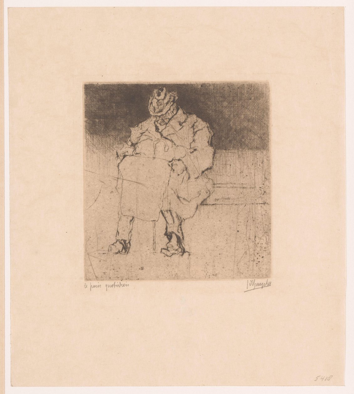 Äldre herre med käpp sitter på en bänk Le pain quotidien (titel på objekt) av Jules De Bruycker (signed by artist)