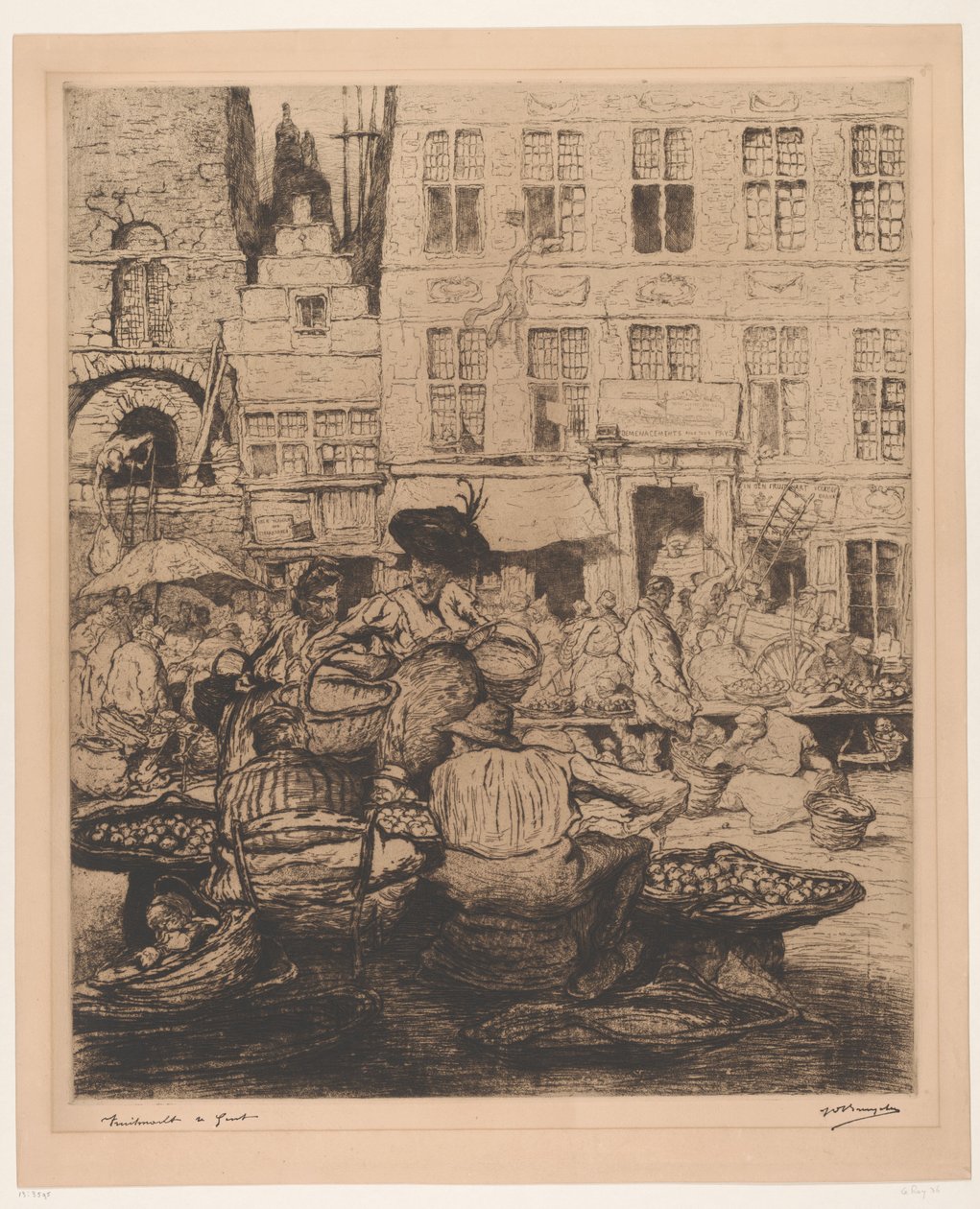 Stadsbild med fruktmarknad i Gent Fruktmarknad i Gent (titel på objekt) av Jules De Bruycker (signed by artist)