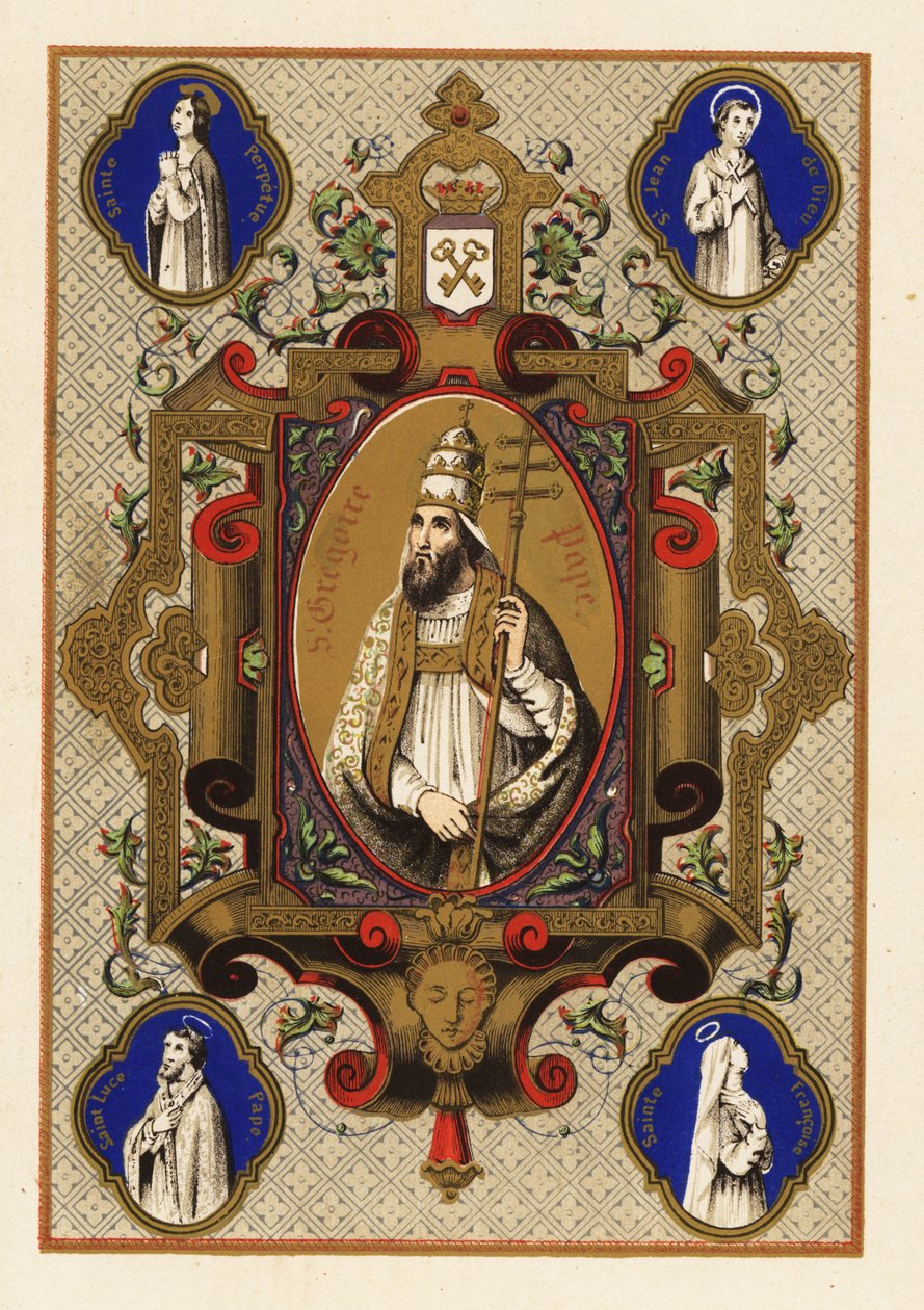 Porträtt av Saint Gregory, påven Gregory I, med triregnum eller trippelkrona och påvlig ferula, inom en dekorativ kant av Jules Desportes