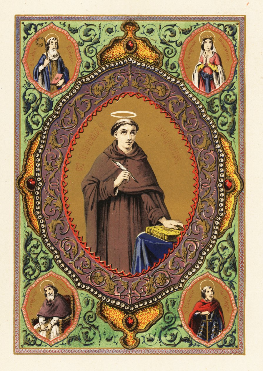 Porträtt av Saint Thomas Aquinas, med gloria, fjäderpenna och bibel, i en dekorativ kant av löv och förgylld av Jules Desportes