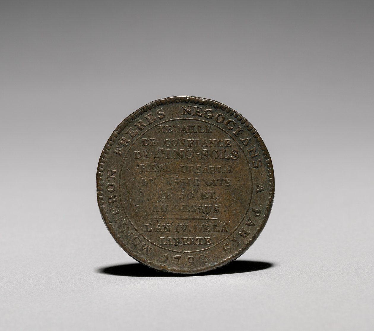 Medalj: Fem solar utgivna av Monneron Brothers, Paris, 1792 omvänd. av Jules Dupré