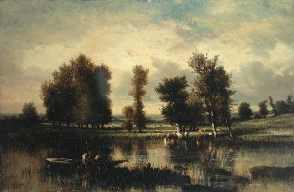 Båt på kanten av floden (olja på vagga panel) av Jules Dupré