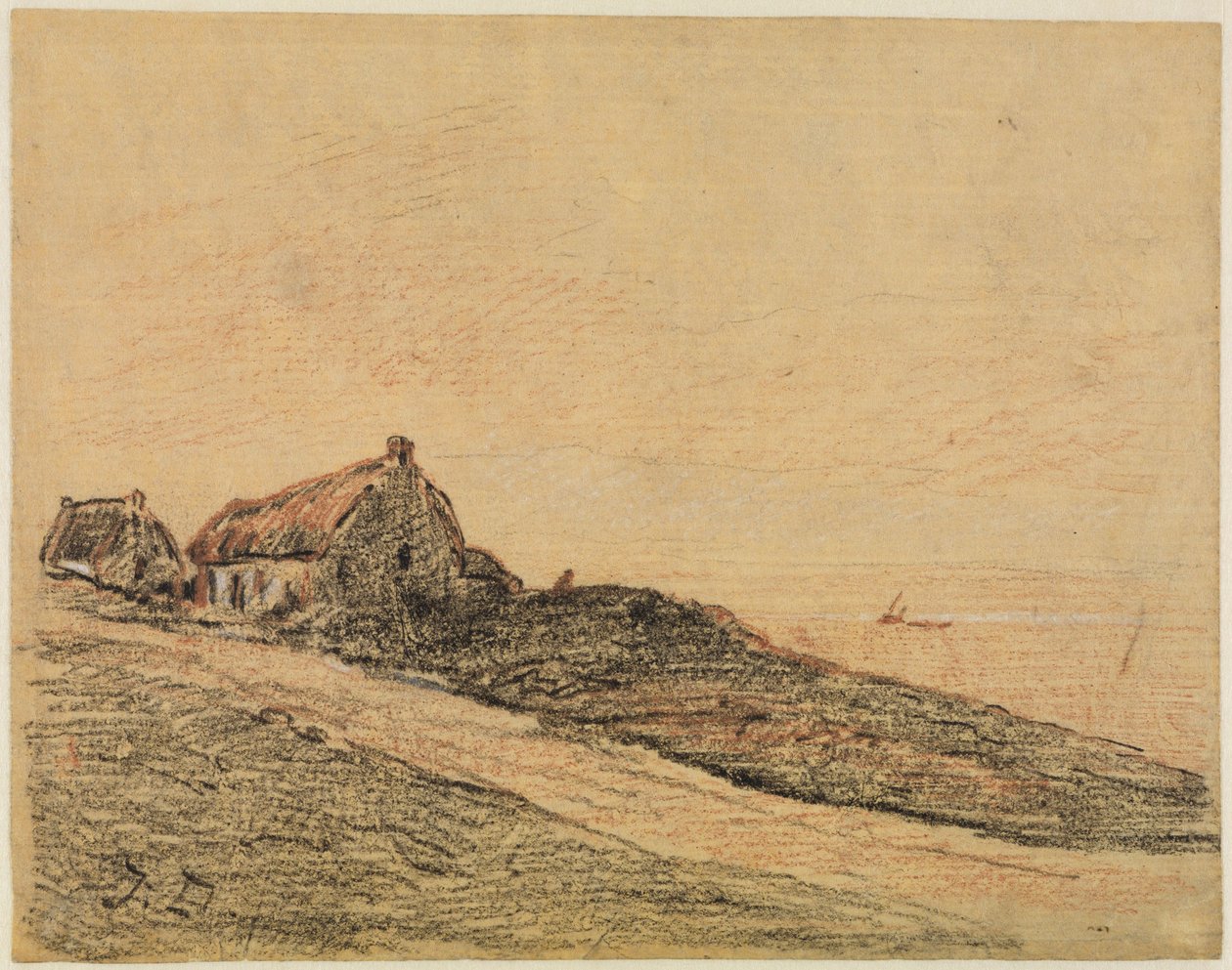 Kustlandskap nära Cayeux med två hyddor av Jules Dupré