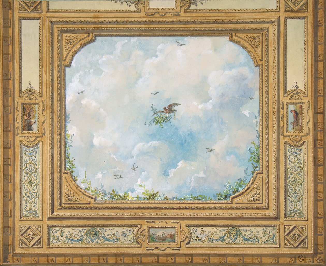 Design för ett tak dekorerat med moln och fåglar, 1830-97. Skapare: Jules-Edmond-Charles Lachaise, Eugène-Pierre Gourdet. av Jules Edmond Charles Lachaise and Eugène Pierre Gourdet