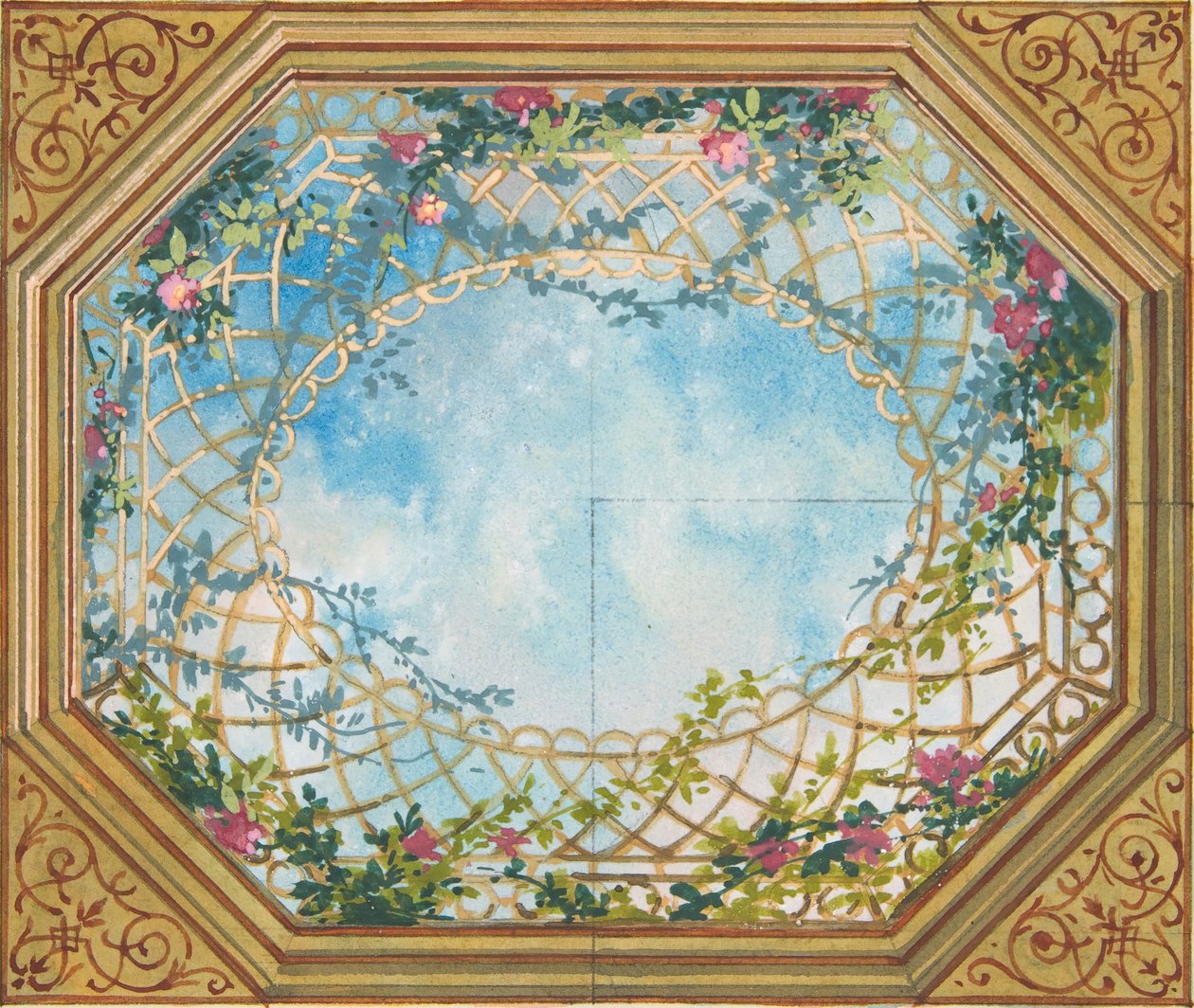 Design för ett tak målat med moln, spaljéer och rosor, andra hälften av 1800-talet. Skapare: Jules-Edmond-Charles Lachaise, Eugène-Pierre Gourdet. av Jules Edmond Charles Lachaise and Eugène Pierre Gourdet