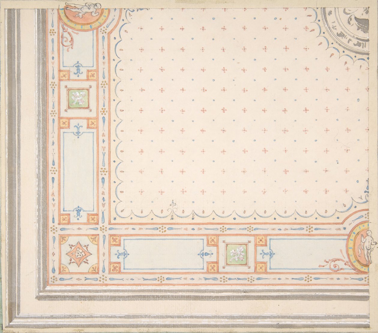 Design för ett tak recto, mått med designkod verso, andra hälften av 1800-talet. Skapare: Jules-Edmond-Charles Lachaise, Eugène-Pierre Gourdet. av Jules Edmond Charles Lachaise and Eugène Pierre Gourdet