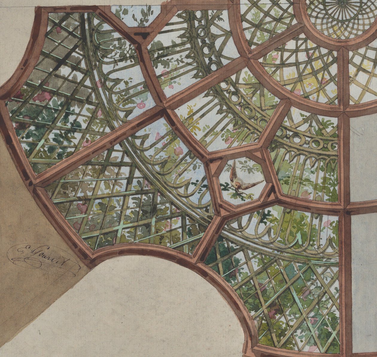 Design för tak med gallerverk och blommande rankor, andra hälften av 1800-talet. Skapare: Jules-Edmond-Charles Lachaise, Eugène-Pierre Gourdet. av Jules Edmond Charles Lachaise and Eugène Pierre Gourdet