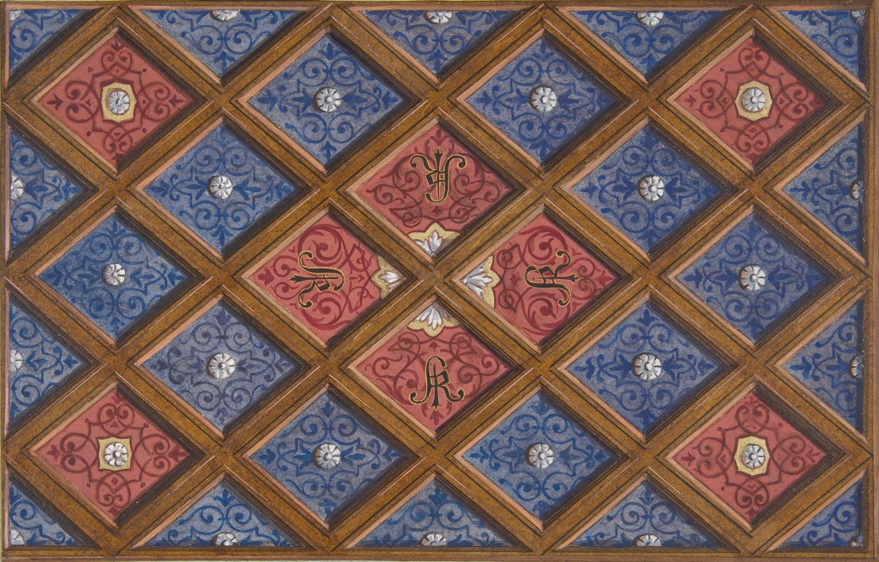 Design för ett inkapslat tak med målade initialer: SRI , 1840-97. Skapare: Jules-Edmond-Charles Lachaise, Eugène-Pierre Gourdet. av Jules Edmond Charles Lachaise and Eugène Pierre Gourdet