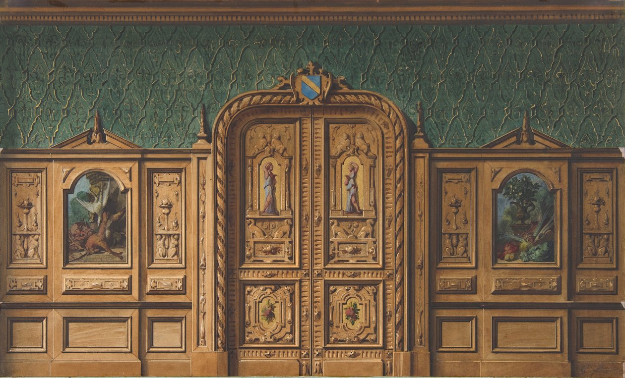 Design för ett rum med träpaneler infällda med målningar och en kraftigt snidad dubbeldörr, 1830-97. Skapare: Jules-Edmond-Charles Lachaise, Eugène-Pierre Gourdet. av Jules Edmond Charles Lachaise and Eugène Pierre Gourdet