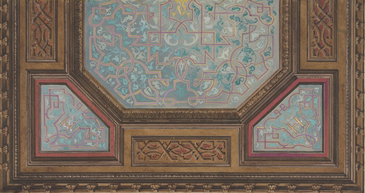 Design för målad utsmyckning av ett kassartak med monogram: H, 1830-97. Skapare: Jules-Edmond-Charles Lachaise, Eugène-Pierre Gourdet. av Jules Edmond Charles Lachaise and Eugène Pierre Gourdet