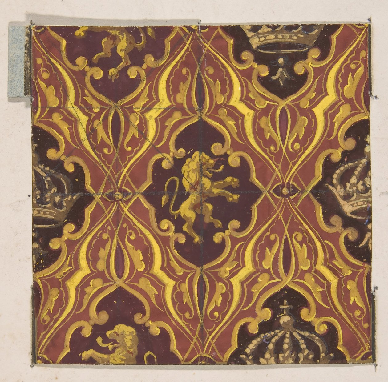 Design för tapeter med skenande lejon och kronor, 1830-97. Skapare: Jules-Edmond-Charles Lachaise, Eugène-Pierre Gourdet. av Jules Edmond Charles Lachaise and Eugène Pierre Gourdet