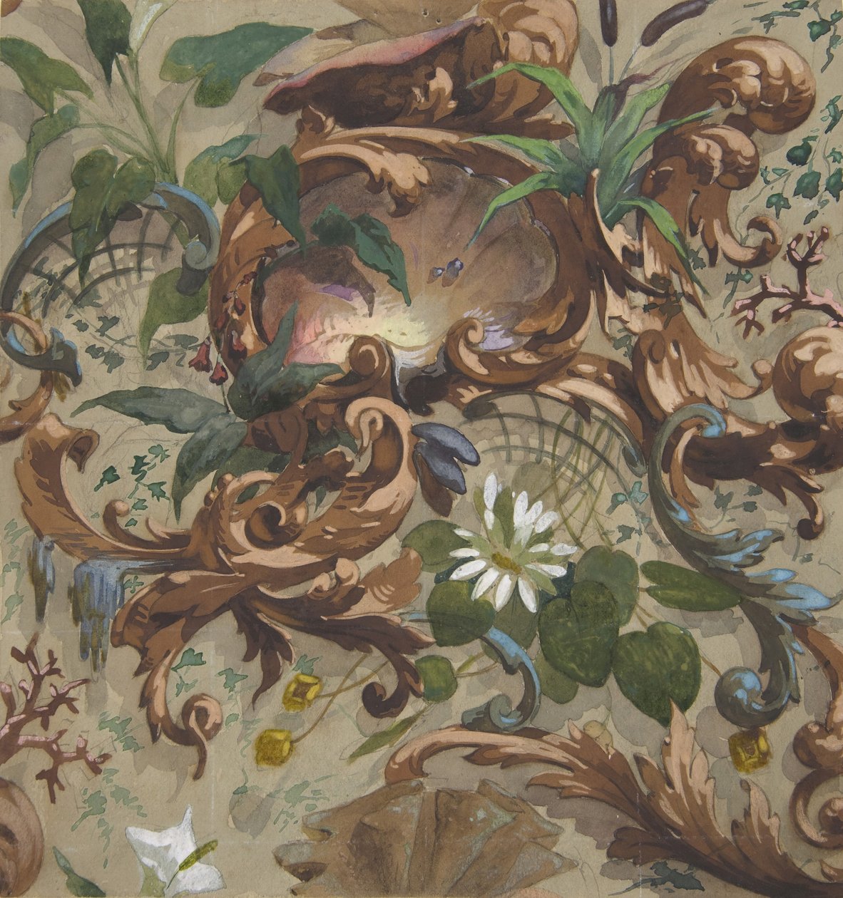 Design för tapeter med snäckor, näckrosor och stjärtar, 1830-97. Skapare: Jules-Edmond-Charles Lachaise, Eugène-Pierre Gourdet. av Jules Edmond Charles Lachaise and Eugène Pierre Gourdet