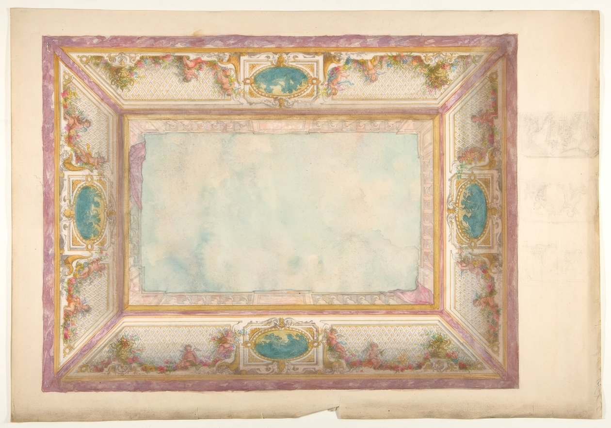 Design för ett tak med trompe loeil balustrad och putti av Jules Edmond Charles Lachaise