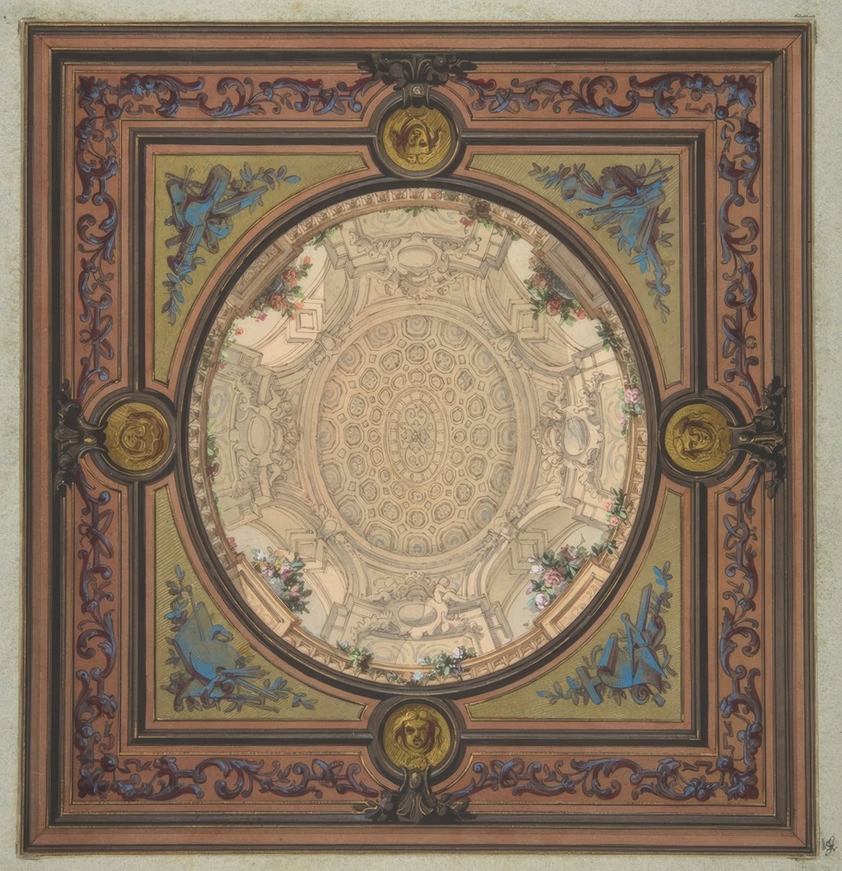 Design för dekoration av ett tak med en trompe loeil-målning av en kupol av Jules Edmond Charles Lachaise