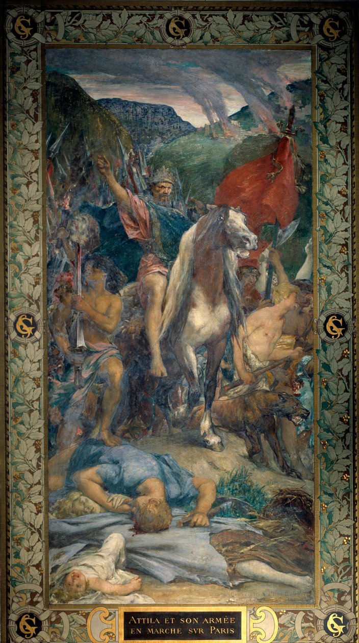 Attila (395-453) hunnernas kung och hans armé av barbarer som vandrade på Paris i 450 Fresco av Jules Elie Delaunay (1828-1891) 1800-talet. Paris, Pantheon av Jules Elie Delaunay