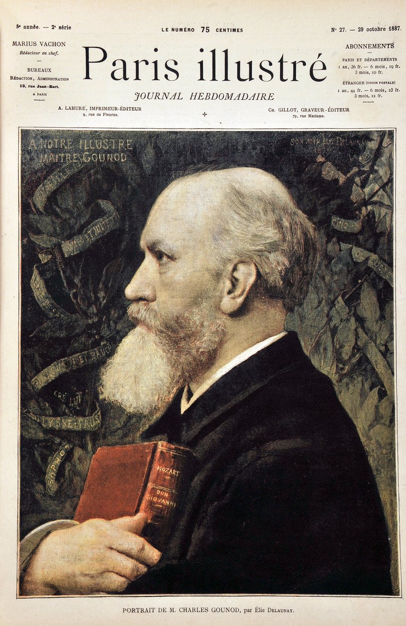 Porträtt av Charles Gounod (Med partitur av Don Giovanni (Don Juan) av Mozart) baserat på porträttet av Elie Delaunay. Gravyr från 1887 i "" Paris-Illustrous journal weekly"". av Jules Elie Delaunay