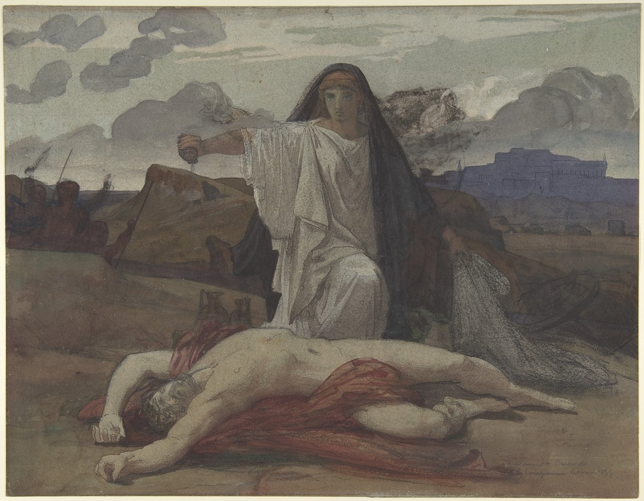 Antigone ger en symbolisk begravning till sin bror Polynices kropp av Jules Eugene Lenepveu