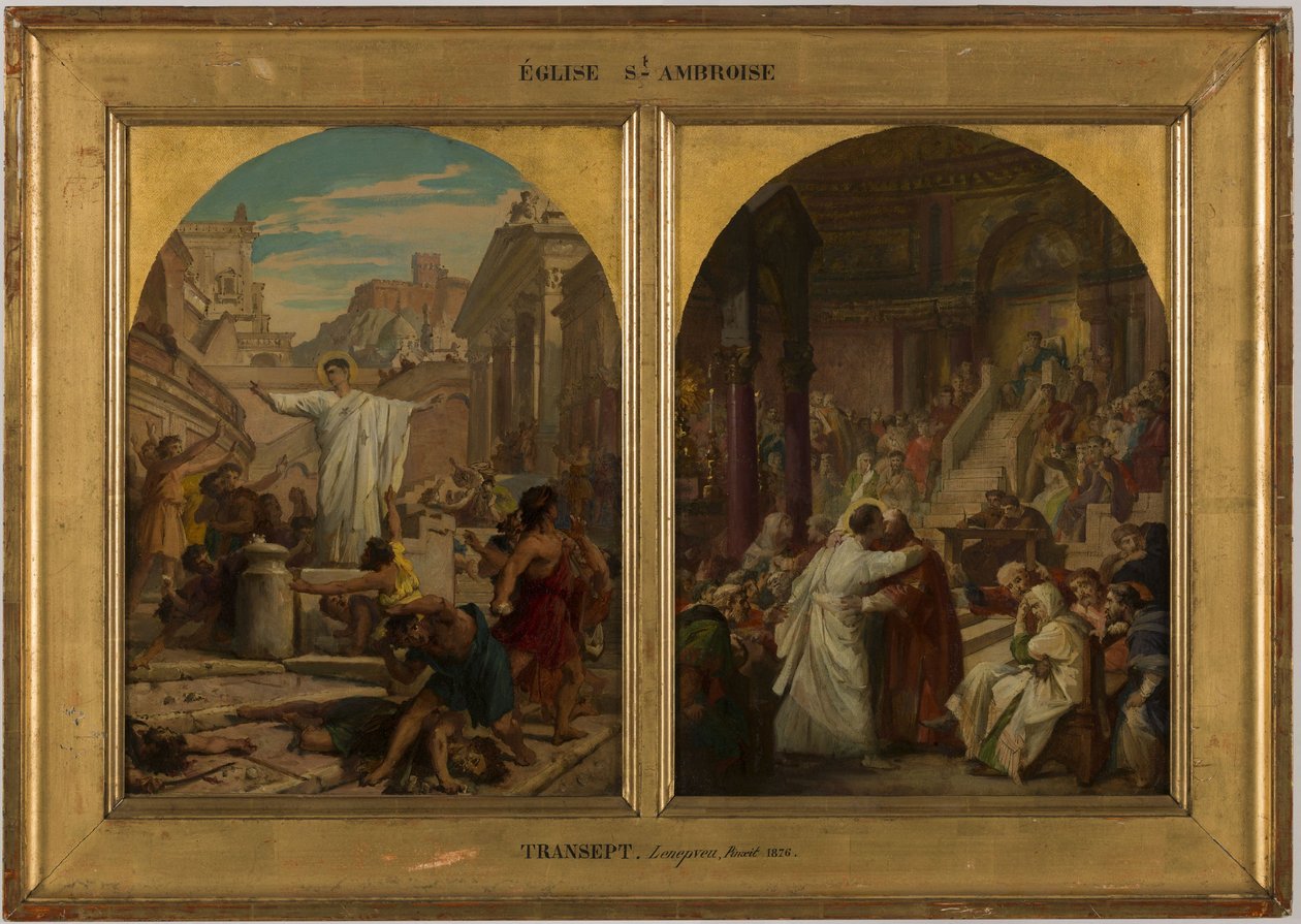 Skiss till kyrkan Saint-Ambroise: Sankt Augustinus sätter stopp för det barbariska bruket att fäder, bröder och söner slåss mot varandra för att öva krig, mellan 1872 och 1875 (olja på duk) av Jules Eugene Lenepveu
