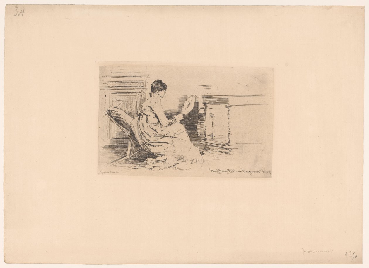 Kvinna med fläkt i låg stol av Jules Ferdinand Jacquemart (attributed to)