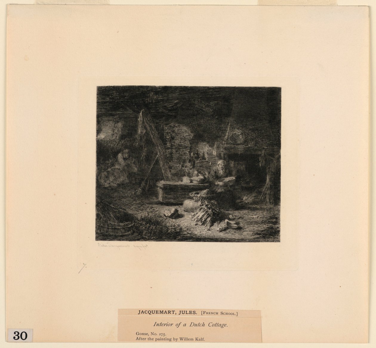 Interiör av en holländsk stuga, från "Etchings of Pictures in the Metropolitan Museum, New York" av Jules Ferdinand Jacquemart